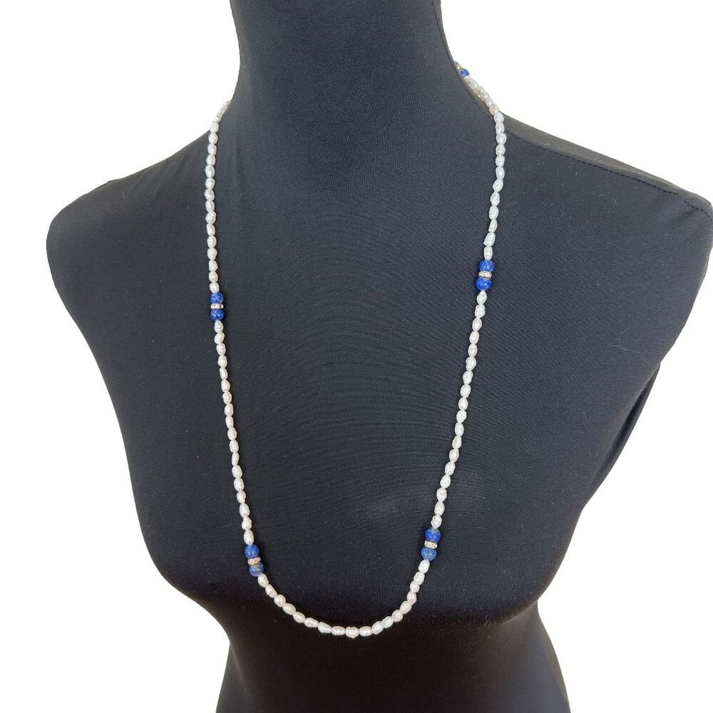 Freshwater Pearl & Blue Lapis Lazuli Beaded Necklace 32" Long White